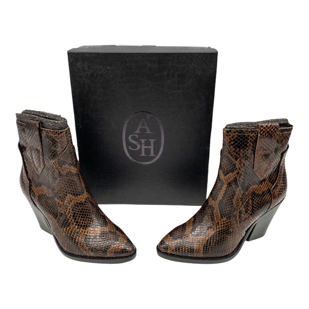 Ash Esquire Python Print Leather Western Block Heel Boots EU 36 US 5 Cognac NWT